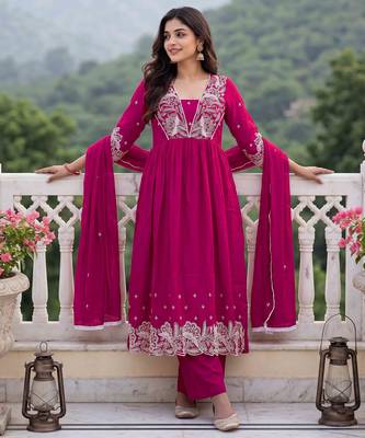 Rani embroidered vichitra silk flared salwar suit set with dupatta 5