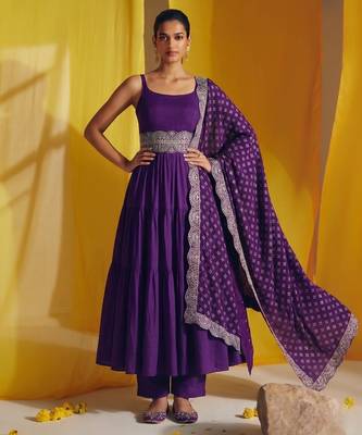 Purple embroidered vichitra silk flared salwar suit set with dupatta 1