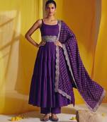 Purple embroidered vichitra silk flared salwar suit set with dupatta
