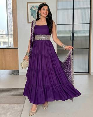 Purple embroidered vichitra silk flared salwar suit set with dupatta 2