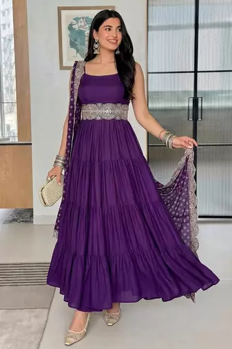 Purple embroidered vichitra silk flared salwar suit set with dupatta