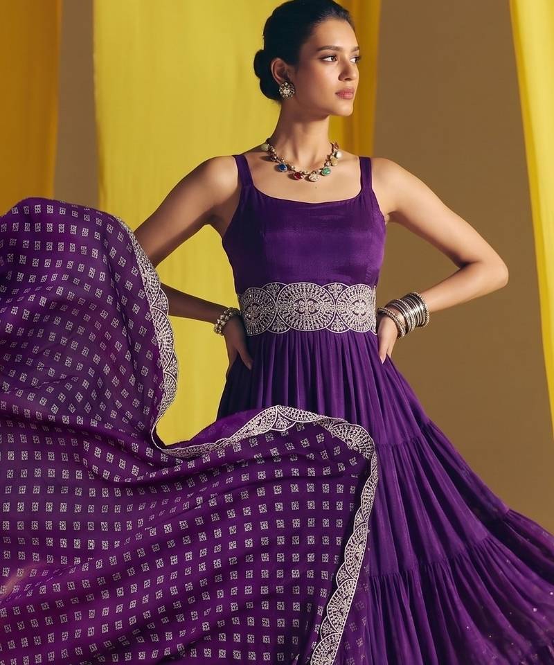 Purple embroidered vichitra silk flared salwar suit set with dupatta