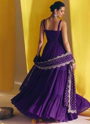 Purple embroidered vichitra silk flared salwar suit set with dupatta 4