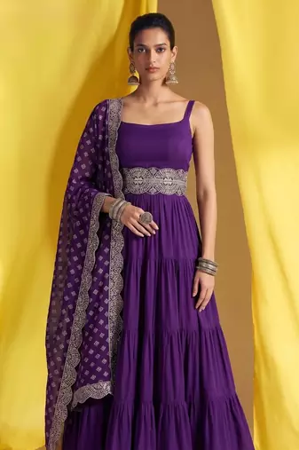 Purple embroidered vichitra silk flared salwar suit set with dupatta