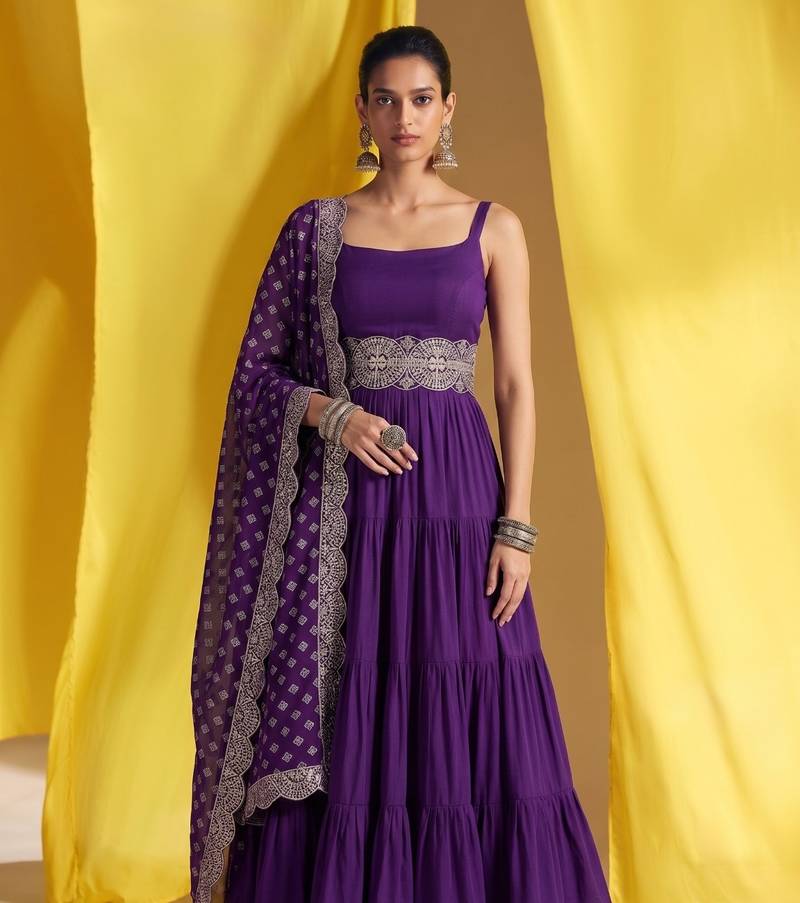 Purple embroidered vichitra silk flared salwar suit set with dupatta