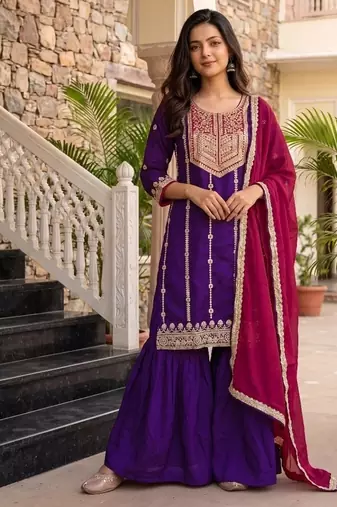Violet embroidered vichitra silk straight salwar suit set with dupatta