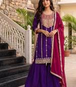 Violet embroidered vichitra silk straight salwar suit set with dupatta