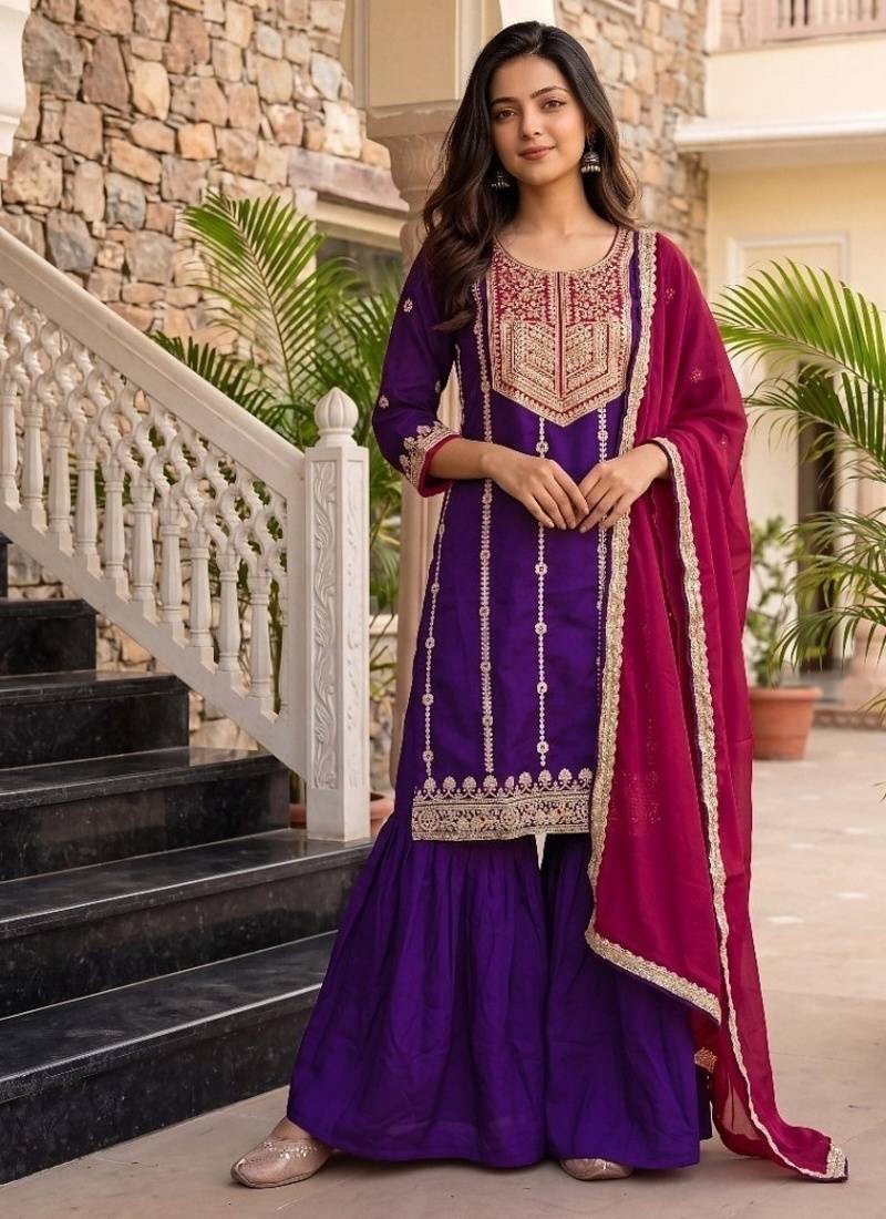 Violet embroidered vichitra silk straight salwar suit set with dupatta