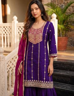 Violet embroidered vichitra silk straight salwar suit set with dupatta 2