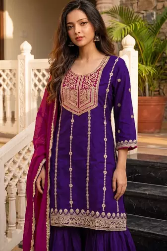 Violet embroidered vichitra silk straight salwar suit set with dupatta