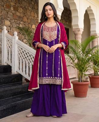 Violet embroidered vichitra silk straight salwar suit set with dupatta 3