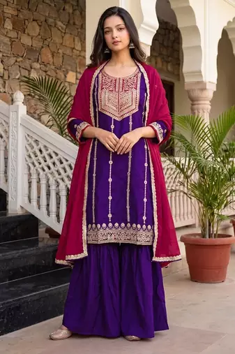 Violet embroidered vichitra silk straight salwar suit set with dupatta