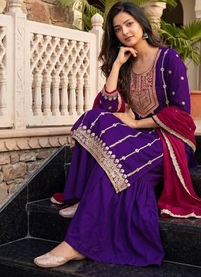Violet embroidered vichitra silk straight salwar suit set with dupatta 4