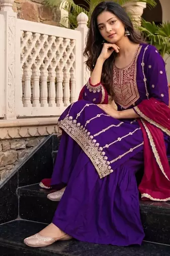 Violet embroidered vichitra silk straight salwar suit set with dupatta
