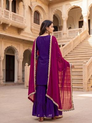 Violet embroidered vichitra silk straight salwar suit set with dupatta 5