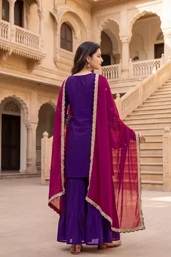 Violet embroidered vichitra silk straight salwar suit set with dupatta