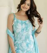 Sky Blue Women Floral Printed Cotton Kurta with Pyjama & Dupatta