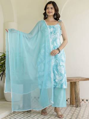 Sky Blue Women Floral Printed Cotton Kurta with Pyjama & Dupatta 7