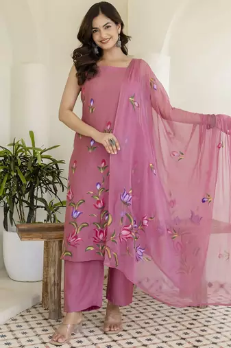 Pink Women Floral Printed Cotton Kurta with Trousers & Dupatta
