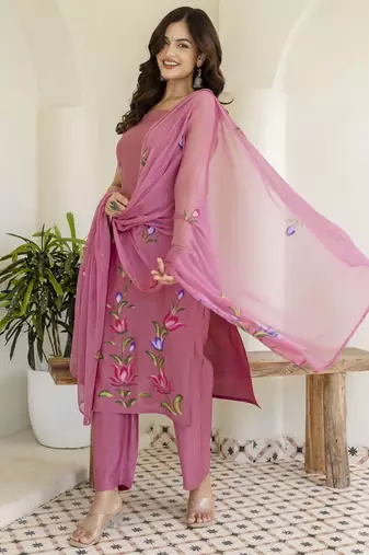 Pink Women Floral Printed Cotton Kurta with Trousers & Dupatta