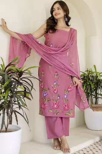 Pink Women Floral Printed Cotton Kurta with Trousers & Dupatta