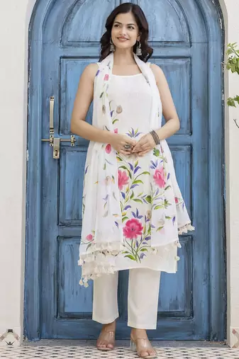 White Floral Printed Shoulder Strap Cotton Kurta with Pyjamas & Dupatta