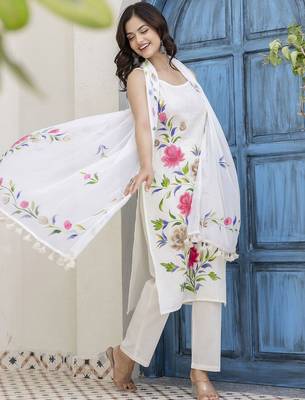 White Floral Printed Shoulder Strap Cotton Kurta with Pyjamas & Dupatta 3