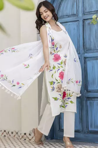 White Floral Printed Shoulder Strap Cotton Kurta with Pyjamas & Dupatta
