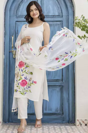 White Floral Printed Shoulder Strap Cotton Kurta with Pyjamas & Dupatta