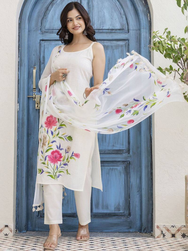 White Floral Printed Shoulder Strap Cotton Kurta with Pyjamas & Dupatta