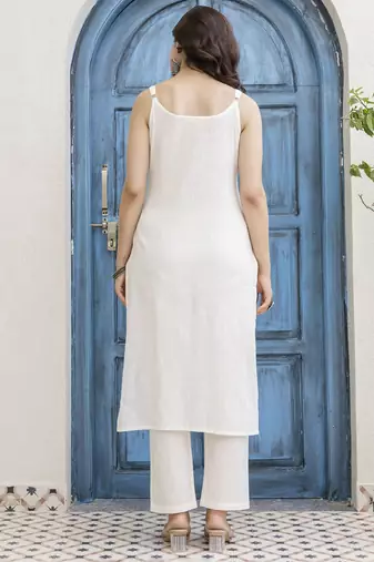 White Floral Printed Shoulder Strap Cotton Kurta with Pyjamas & Dupatta