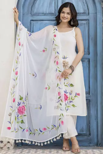 White Floral Printed Shoulder Strap Cotton Kurta with Pyjamas & Dupatta