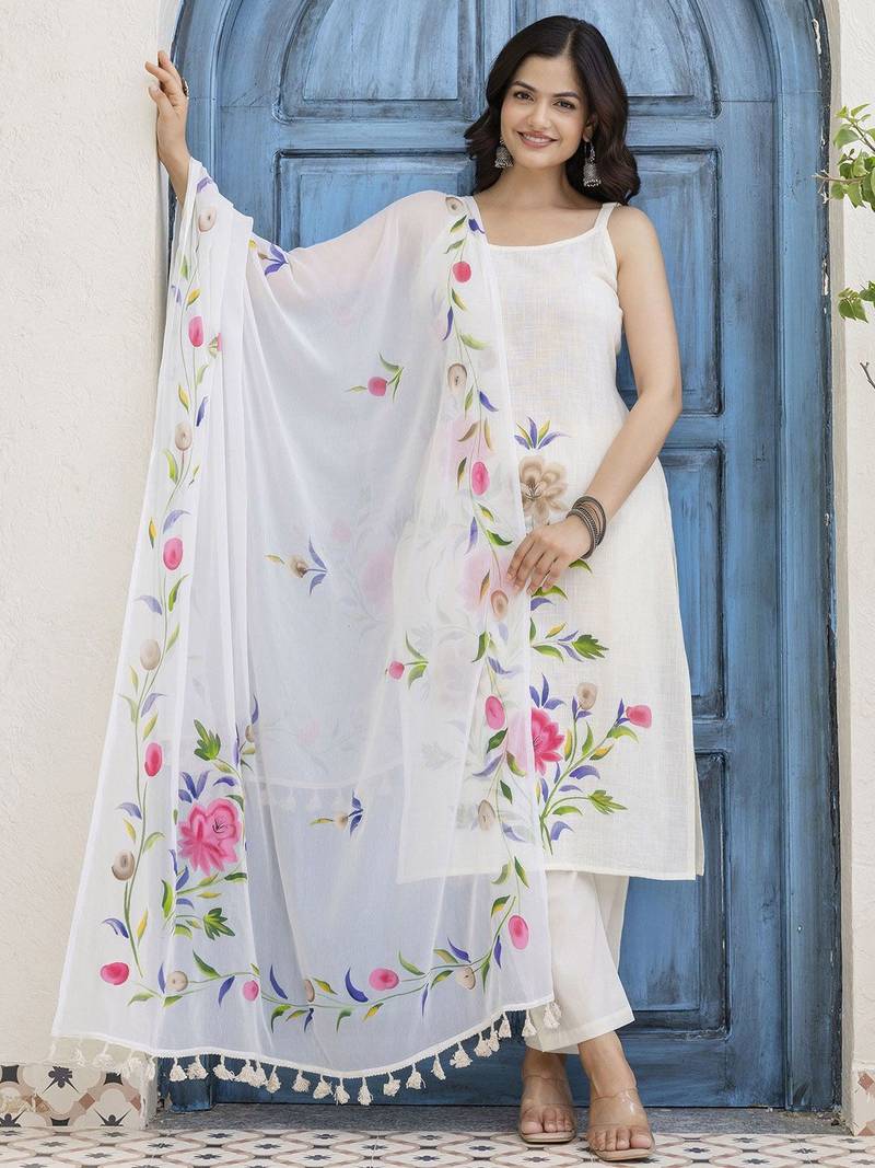 White Floral Printed Shoulder Strap Cotton Kurta with Pyjamas & Dupatta