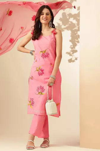 Pink Floral Printed Regular Phulkari Cotton Kurta ,Trousers & Dupatta