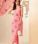 Pink Floral Printed Regular Phulkari Cotton Kurta ,Trousers & Dupatta