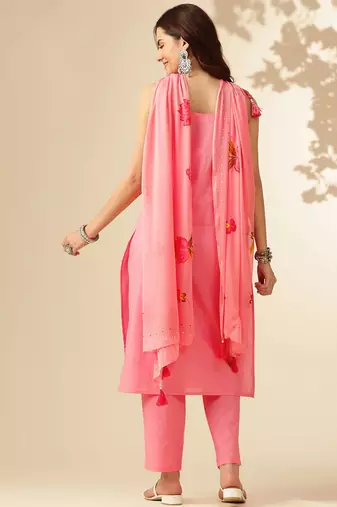 Pink Floral Printed Regular Phulkari Cotton Kurta ,Trousers & Dupatta