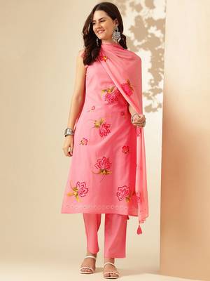Pink Floral Printed Regular Phulkari Cotton Kurta ,Trousers & Dupatta 6