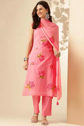 Pink Floral Printed Regular Phulkari Cotton Kurta ,Trousers & Dupatta