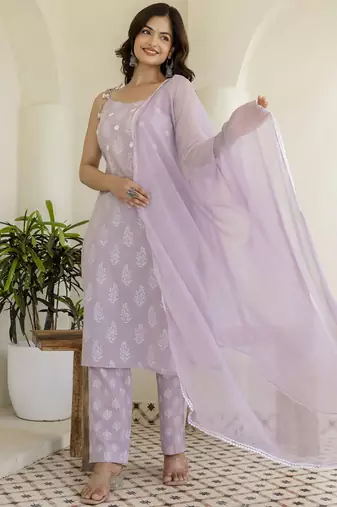 Lavender Women Floral Printed Cotton Kurta with Pyjama & Dupatta