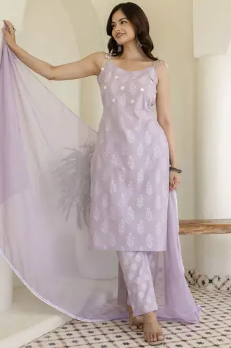 Lavender Women Floral Printed Cotton Kurta with Pyjama & Dupatta