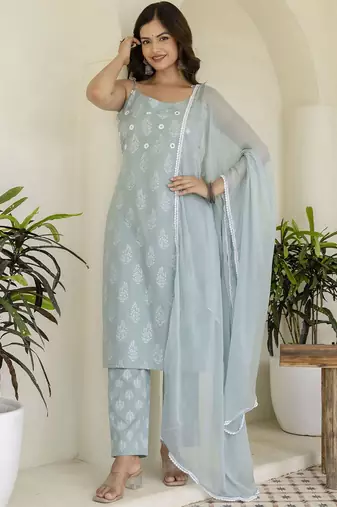 Grey Women Floral Printed Cotton Kurta with Trousers & Dupatta