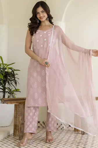 Pink Women Floral Printed Cotton Kurta with Pyjama & Dupatta