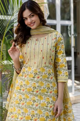 Yellow Women Floral Printed Cotton Kurta with Trousers & Dupatta
