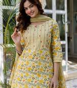 Yellow Women Floral Printed Cotton Kurta with Trousers & Dupatta