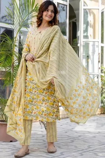 Yellow Women Floral Printed Cotton Kurta with Trousers & Dupatta