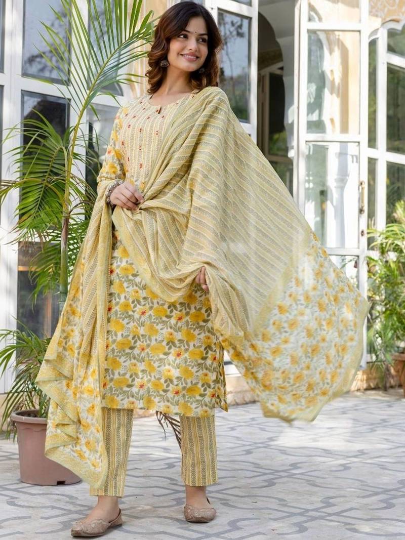 Yellow Women Floral Printed Cotton Kurta with Trousers & Dupatta