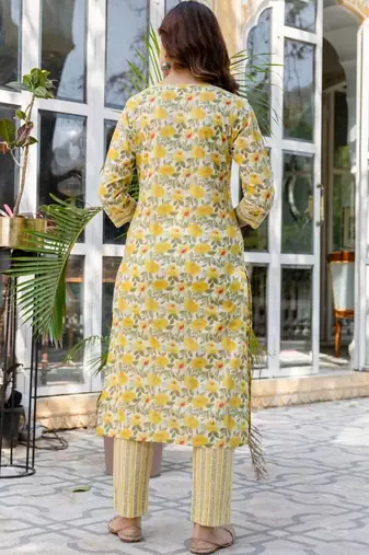 Yellow Women Floral Printed Cotton Kurta with Trousers & Dupatta