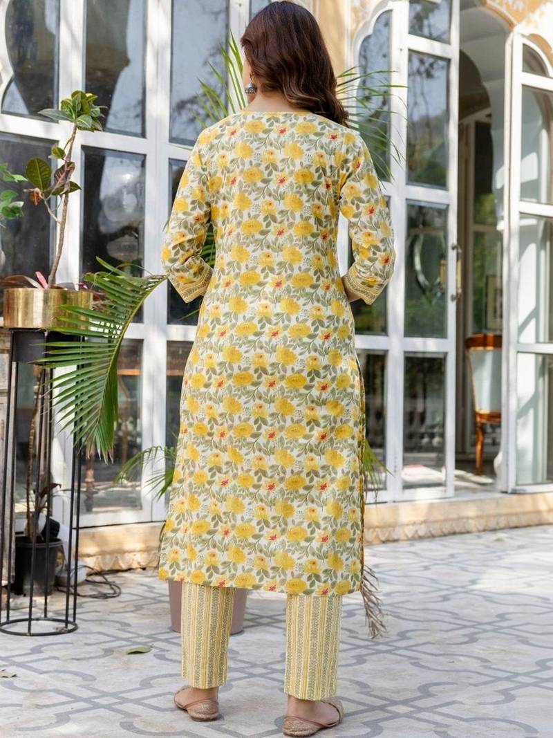 Yellow Women Floral Printed Cotton Kurta with Trousers & Dupatta