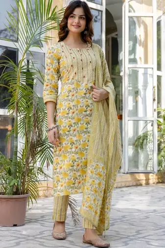 Yellow Women Floral Printed Cotton Kurta with Trousers & Dupatta