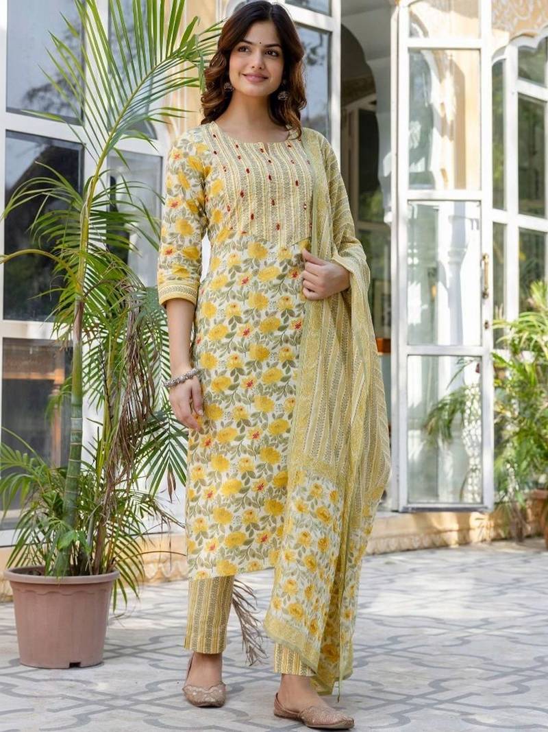 Yellow Women Floral Printed Cotton Kurta with Trousers & Dupatta